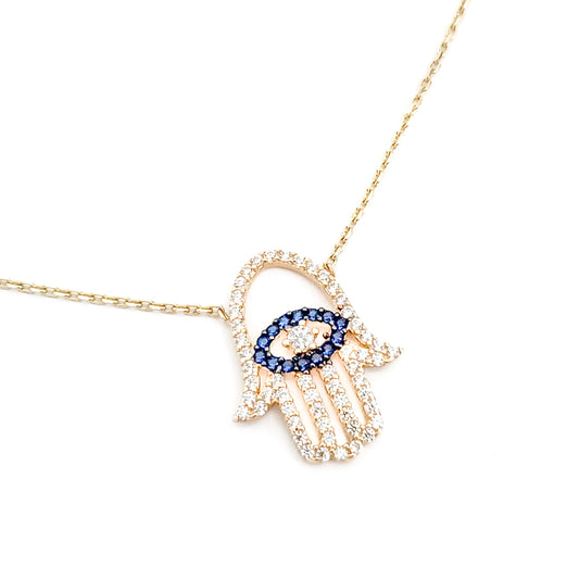 10K Yellow Gold and Cubic Zirconia Evil Eye & Hamsa Hand Necklace - Tinamel Jewellery