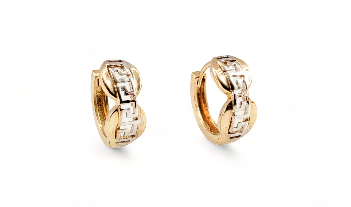 10K Two-Tone Yellow and White Gold Greek Key Earrings - Tinamel Jewellery