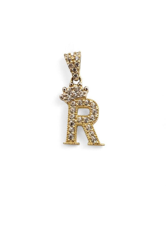 10K Yellow Gold Cubic Zirconia Crown Mini Initial Letter Pendant - Tinamel Jewellery