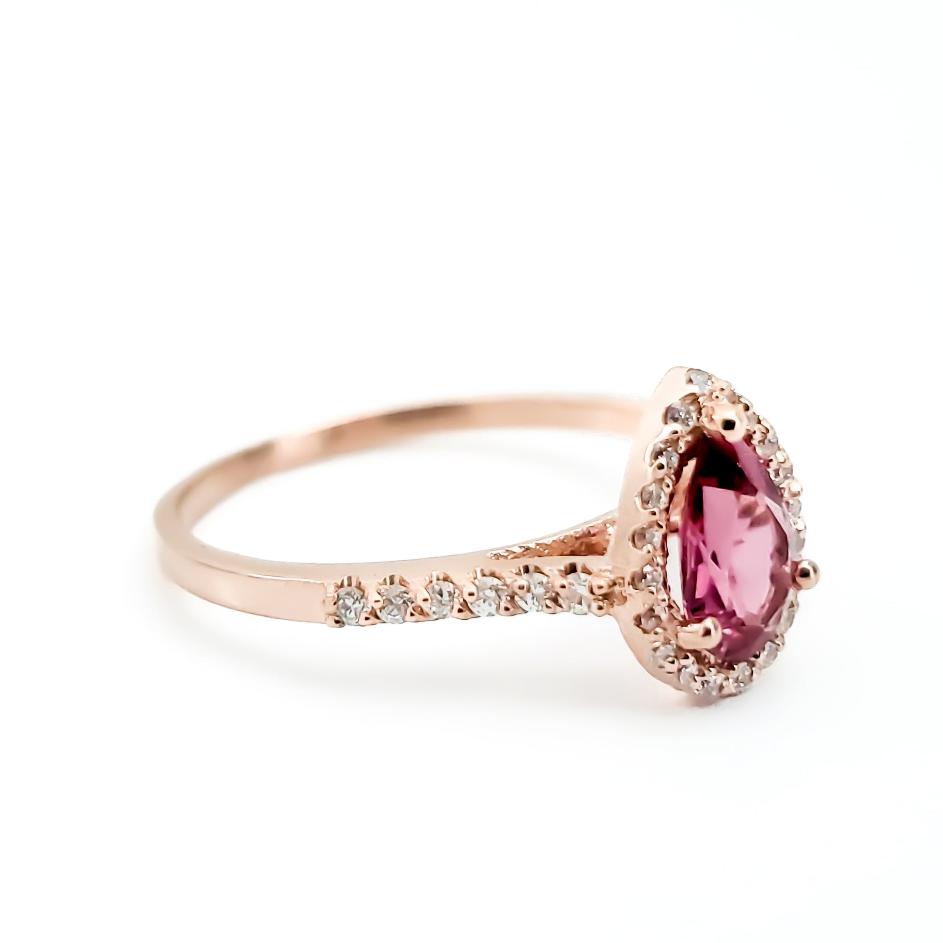 14k Rose Gold Pear Shaped Pink Tourmaline and Diamond Ring - Tinamel Jewellery