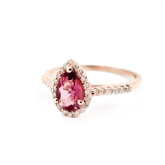 14k Rose Gold Pear Shaped Pink Tourmaline and Diamond Ring - Tinamel Jewellery