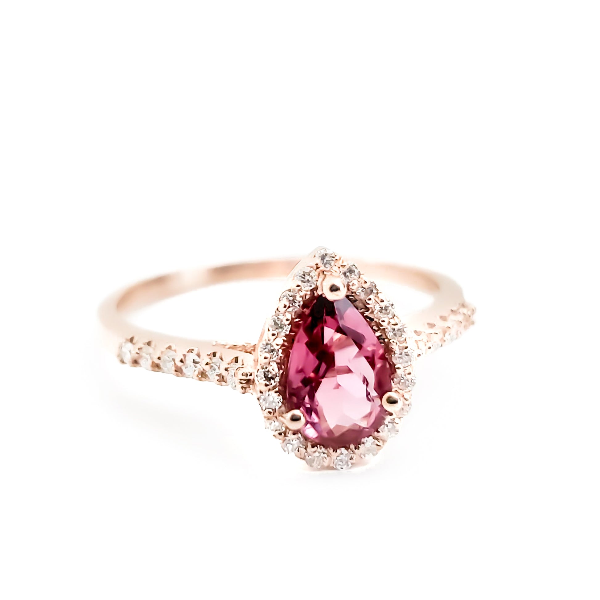 14k Rose Gold Pear Shaped Pink Tourmaline and Diamond Ring - Tinamel Jewellery