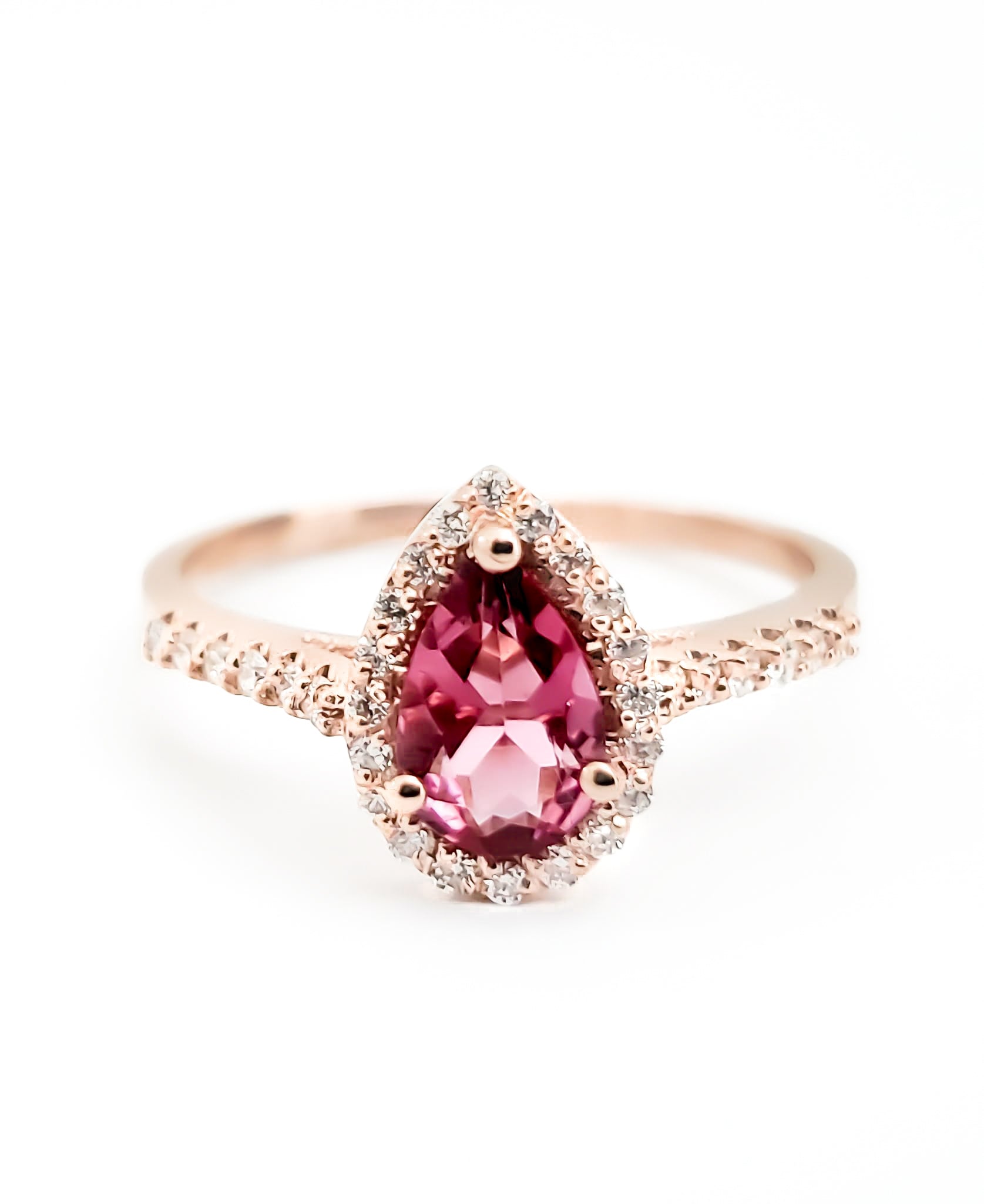 14k Rose Gold Pear Shaped Pink Tourmaline and Diamond Ring - Tinamel Jewellery