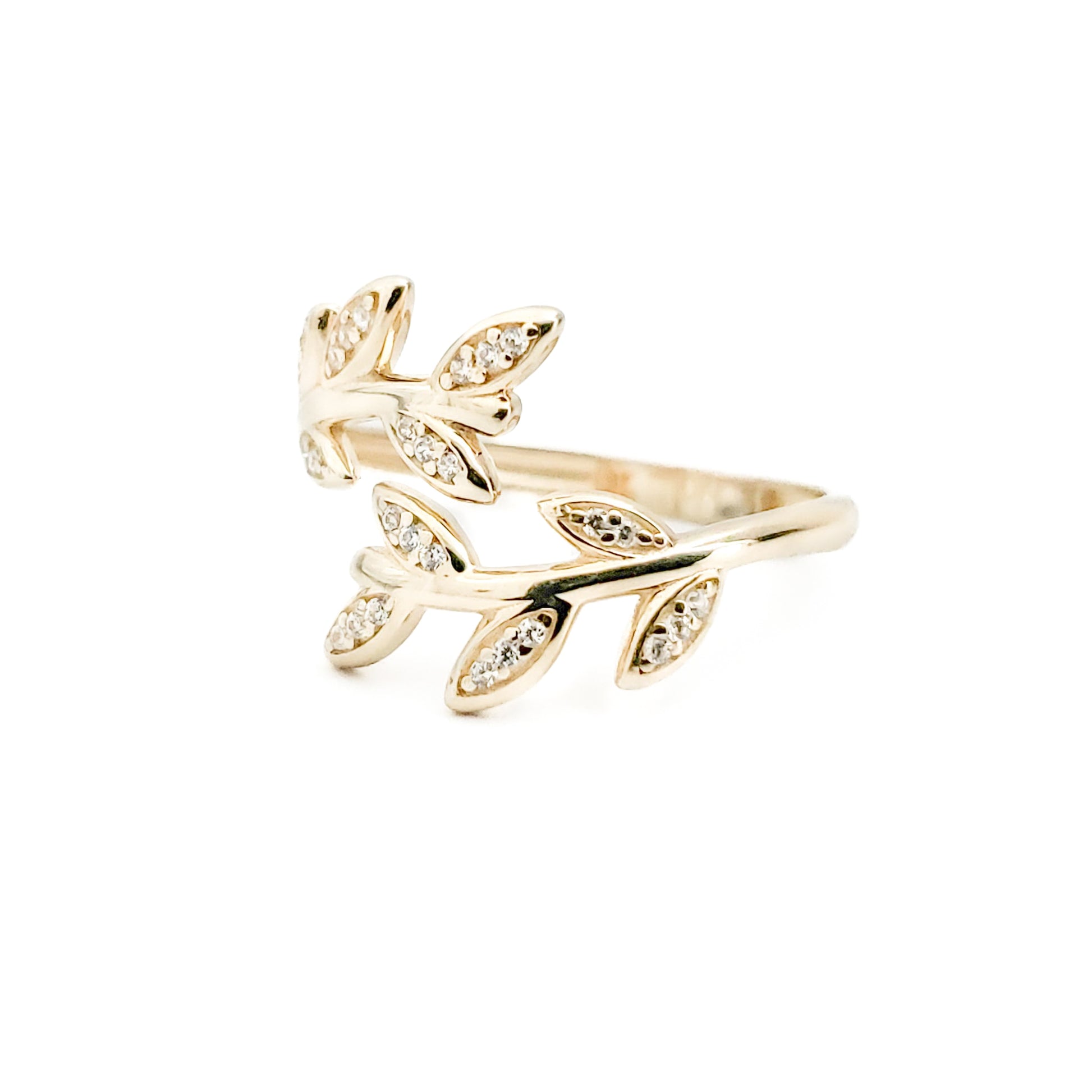 10k Gold Olive Leaf Ring With Cubic Zirconia - Tinamel Jewellery