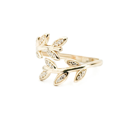 10k Gold Olive Leaf Ring With Cubic Zirconia - Tinamel Jewellery